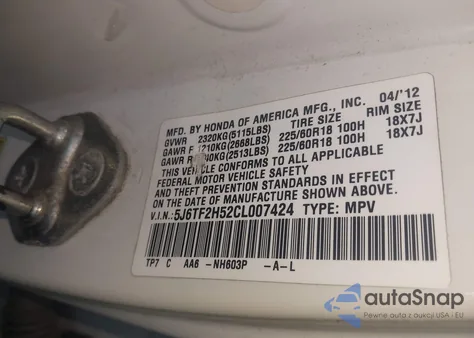 2012 Honda Crosstour Ex-L from USA, damaged, VIN 5J6TF2H52CL007424